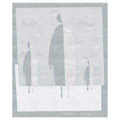 Modern Grey White Rug Avant-Garde Pattern Silk Wool, Men, Medium