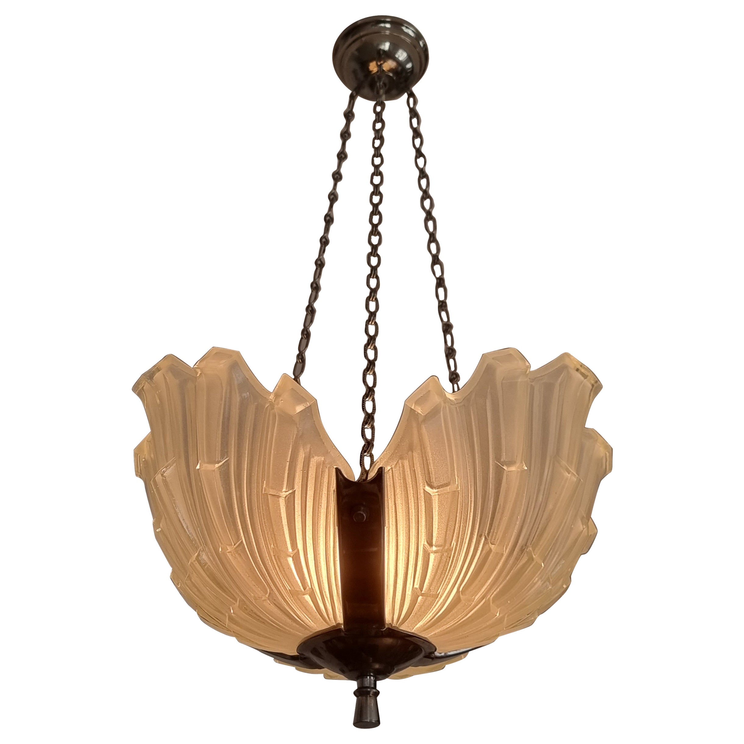 Swedish Grace / Art Deco Pendant, Clam-Shaped Glass Shades, with Provenance