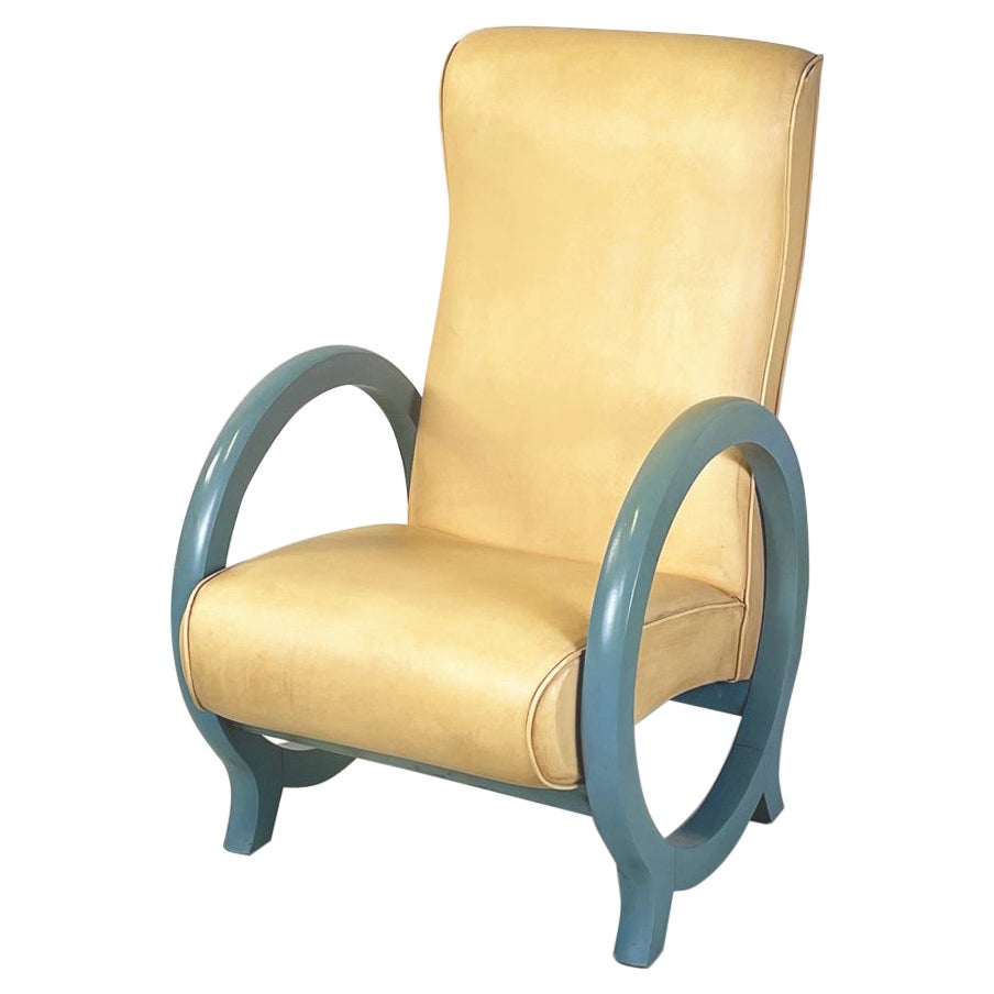 Italian Modern Armchair in Beige Leather and Light Blue Wood, 1980s For Sale