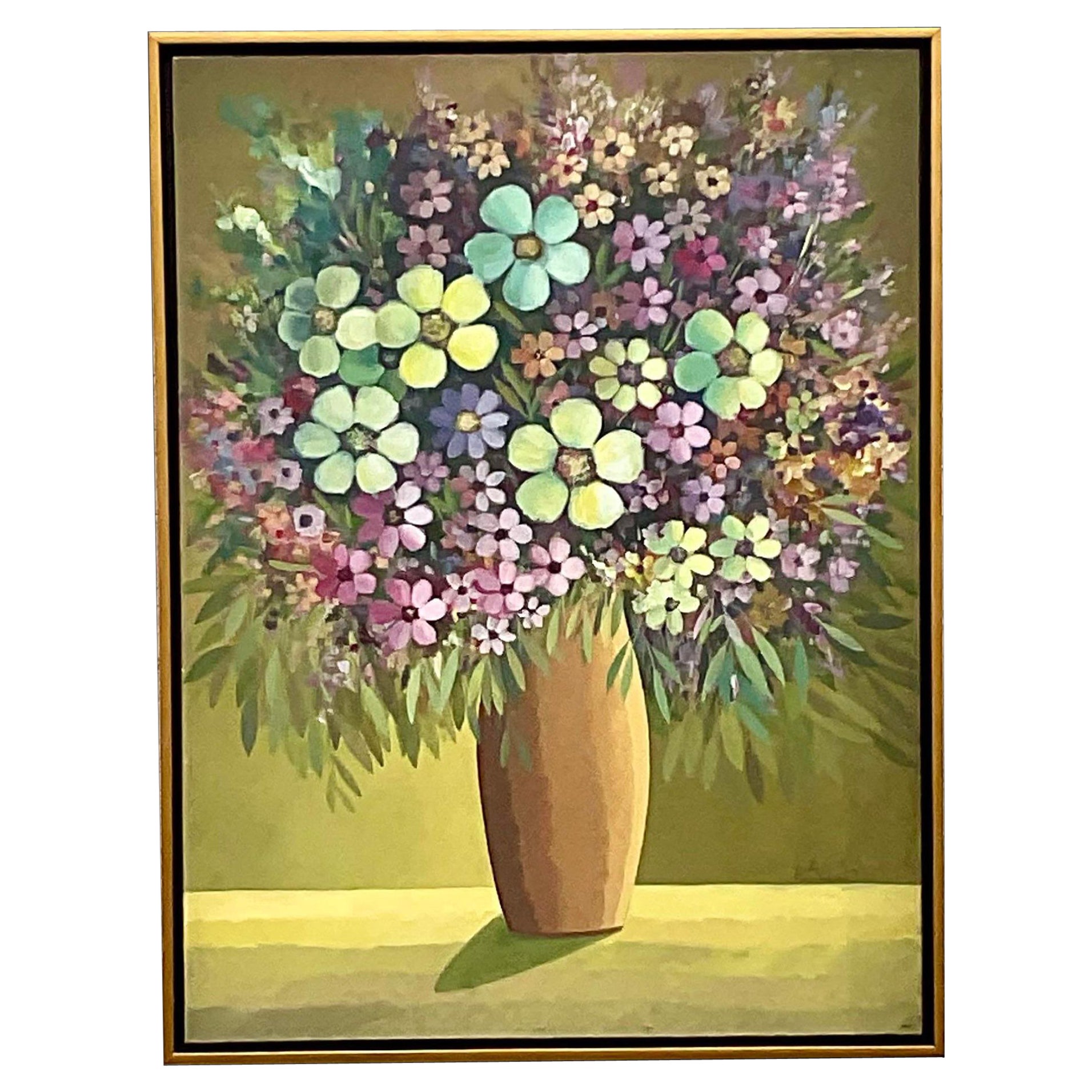 Peinture à l'huile originale à fleurs sur toile vintage signée Boho en vente