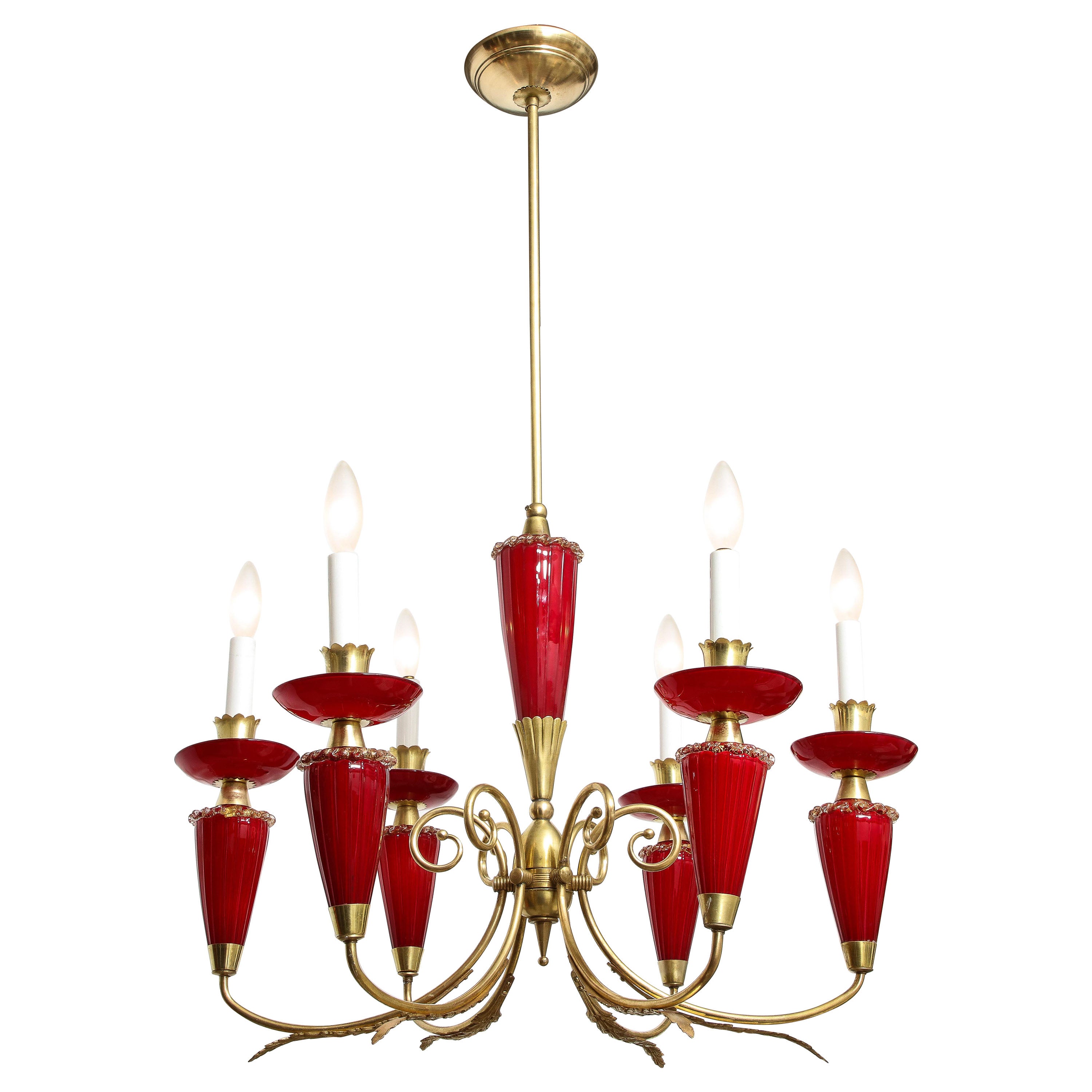 Murano Hand-Blown Italian Brass and Glass Chandelier, Italy, circa 1950