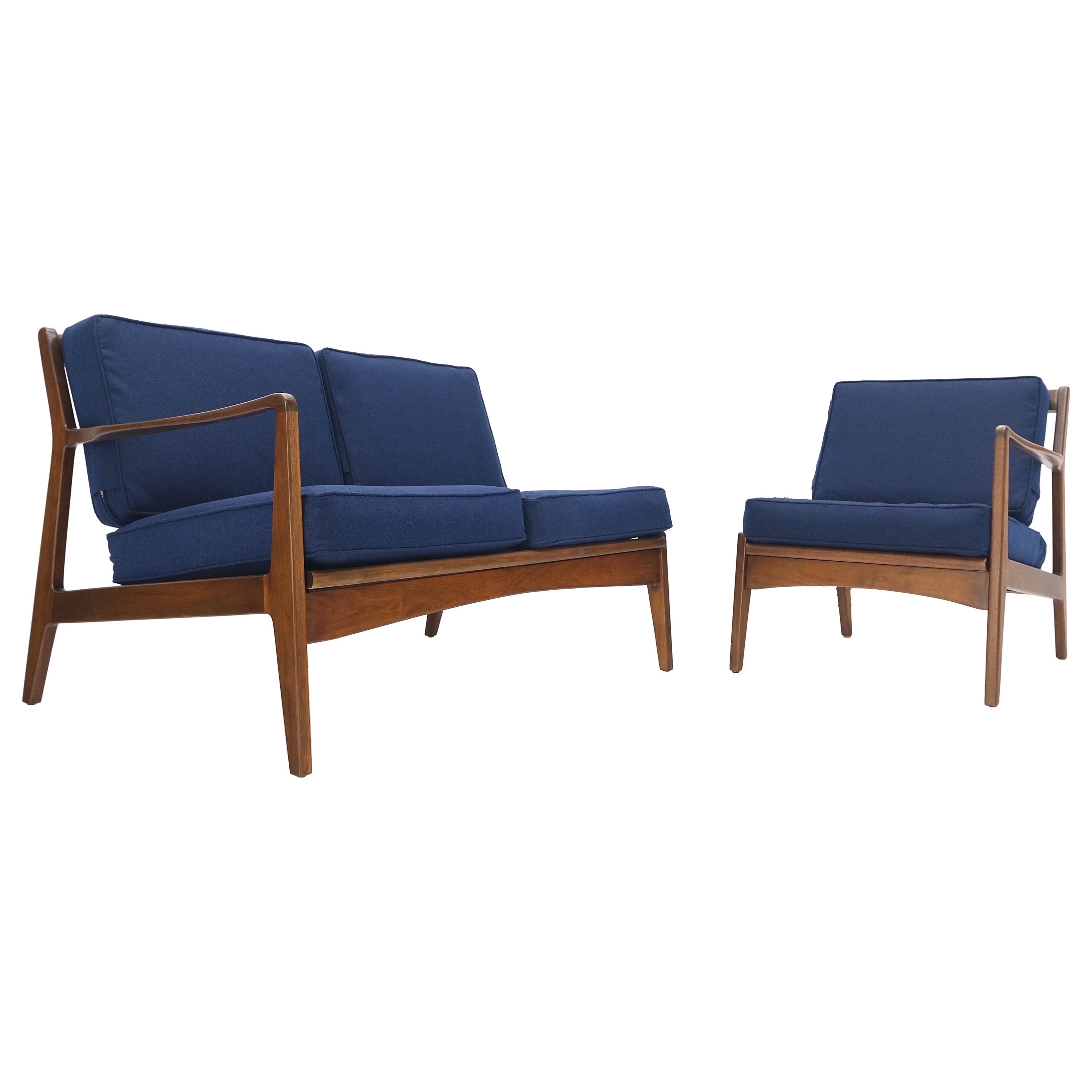 Danish Mid-Century Modern New Upholstery Walnut Frames Sofa & Chair Set Mint! For Sale