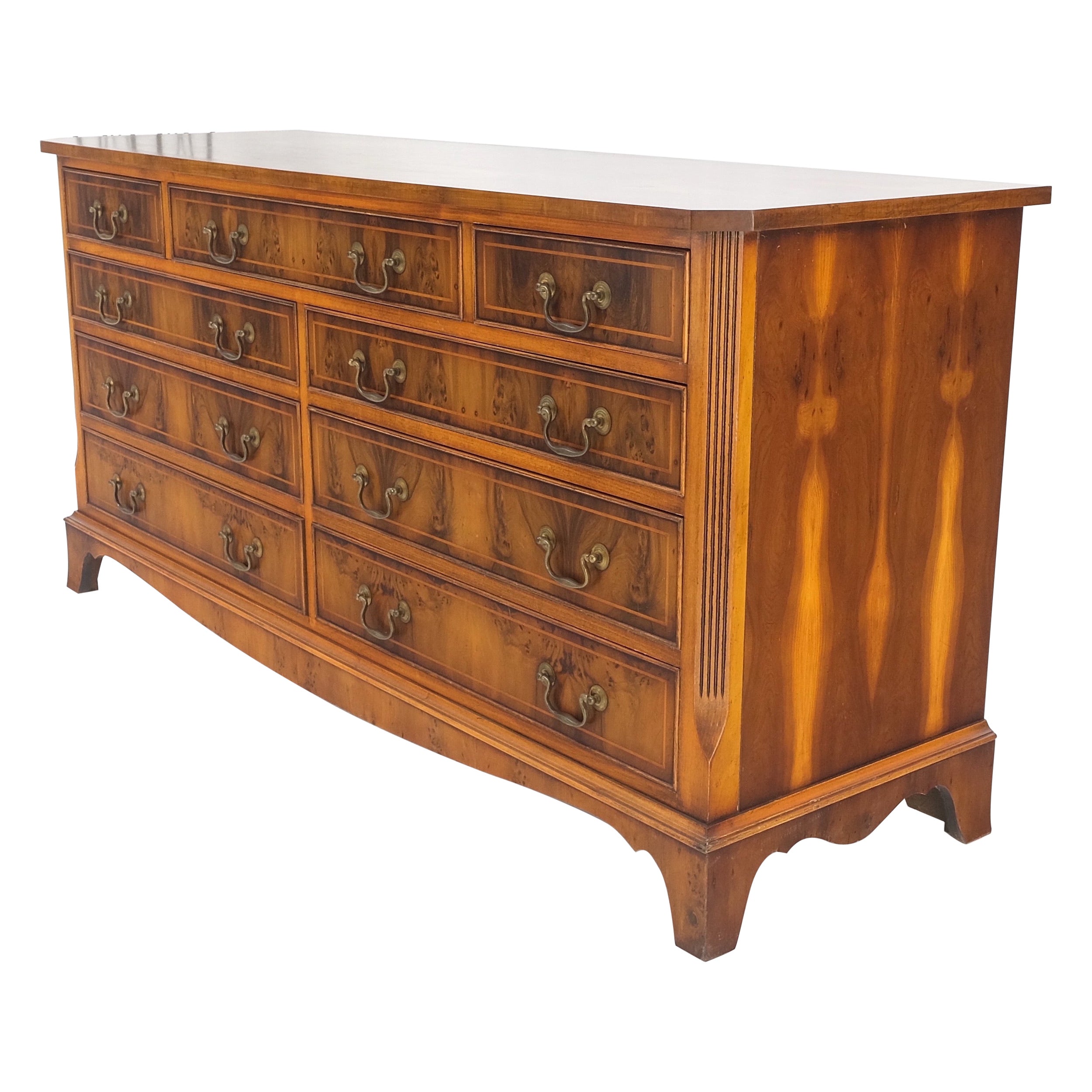 Yew Wood Long 9 Drawers Long Pencil Inlaid Dresser Credenza Brass Drops MINT! For Sale