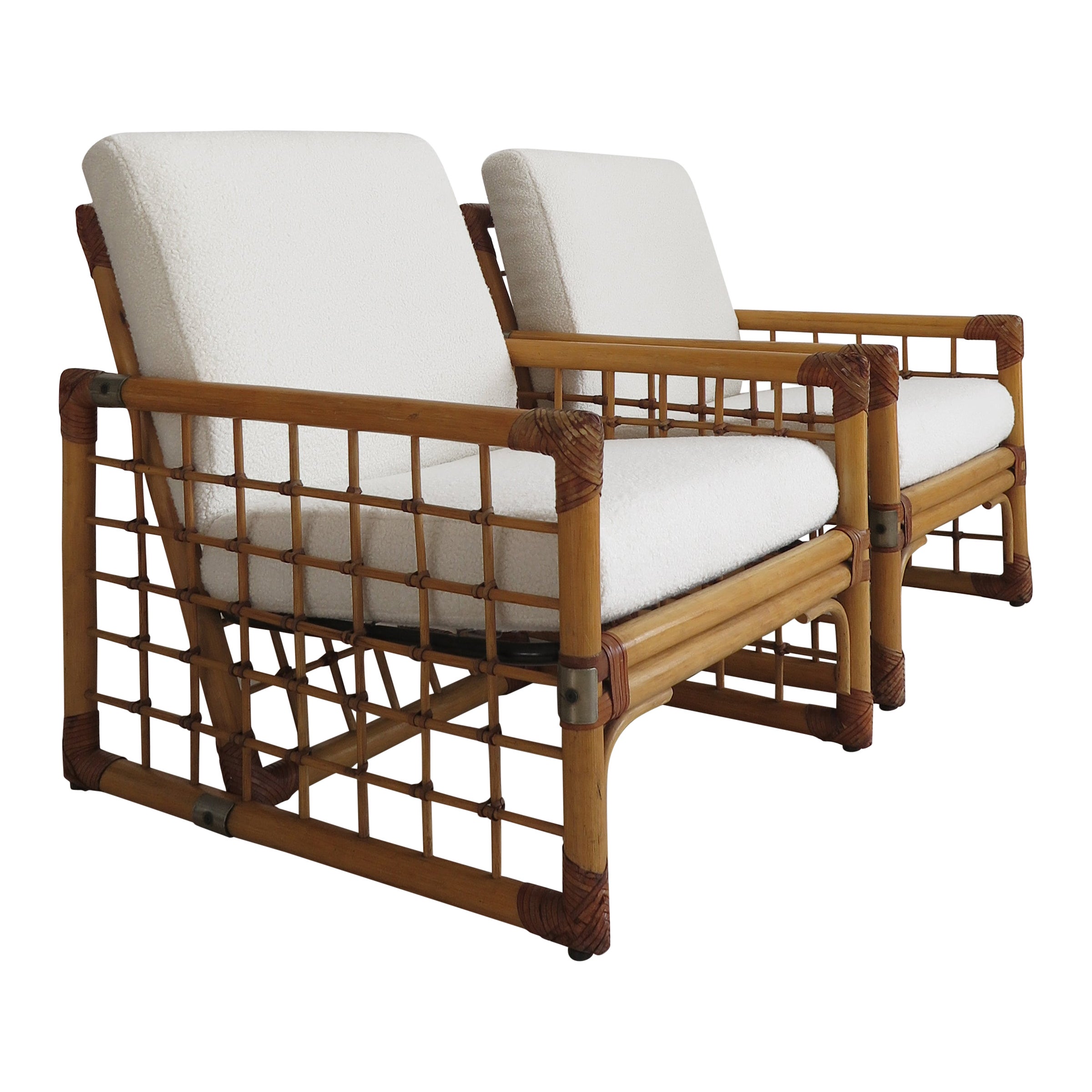 Bamboo, Indian Cane and Frabric Italian Armchairs, 1970s