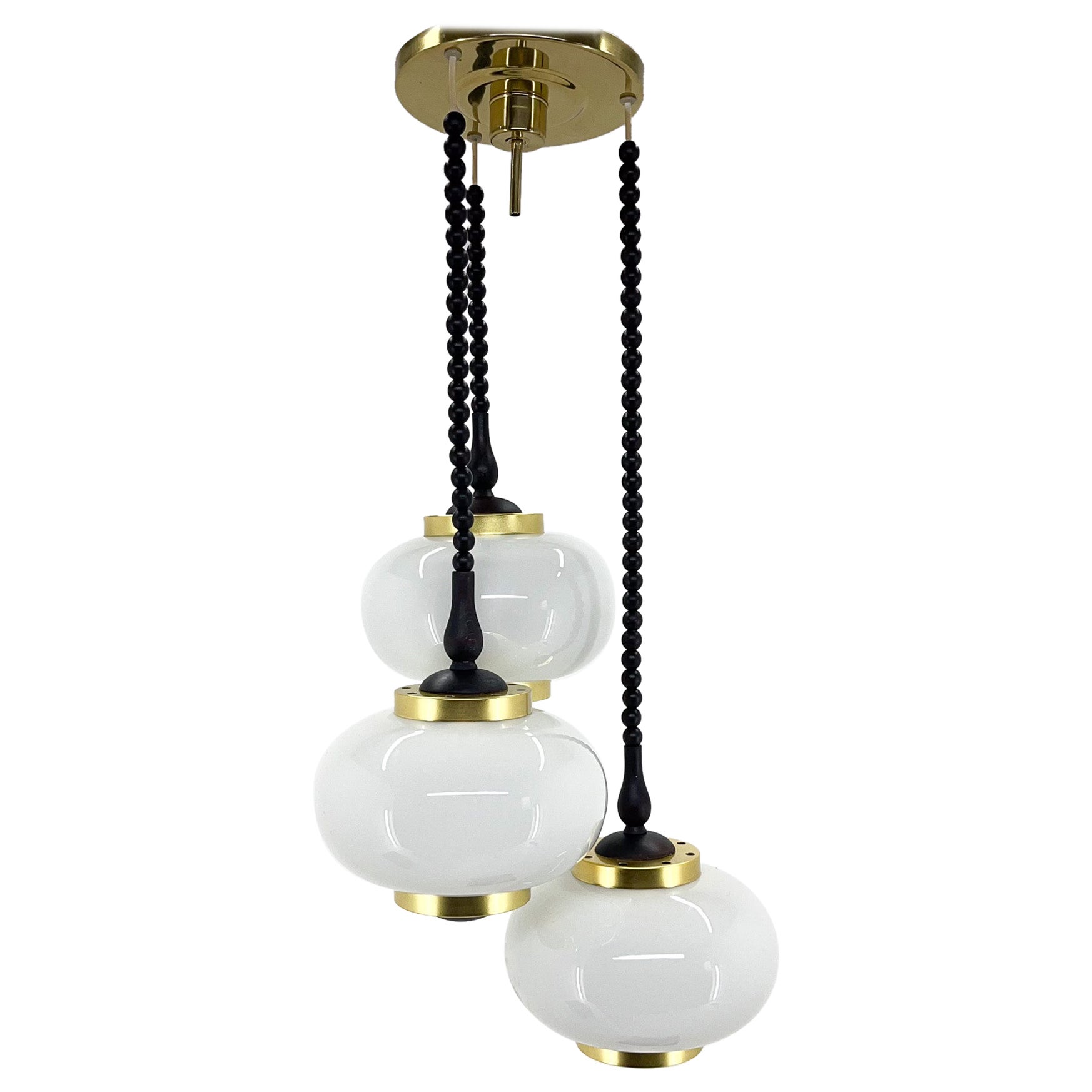 Midcentury Wood, Milk Glass and Brass Cascade Chandelier, Poland For Sale  at 1stDibs