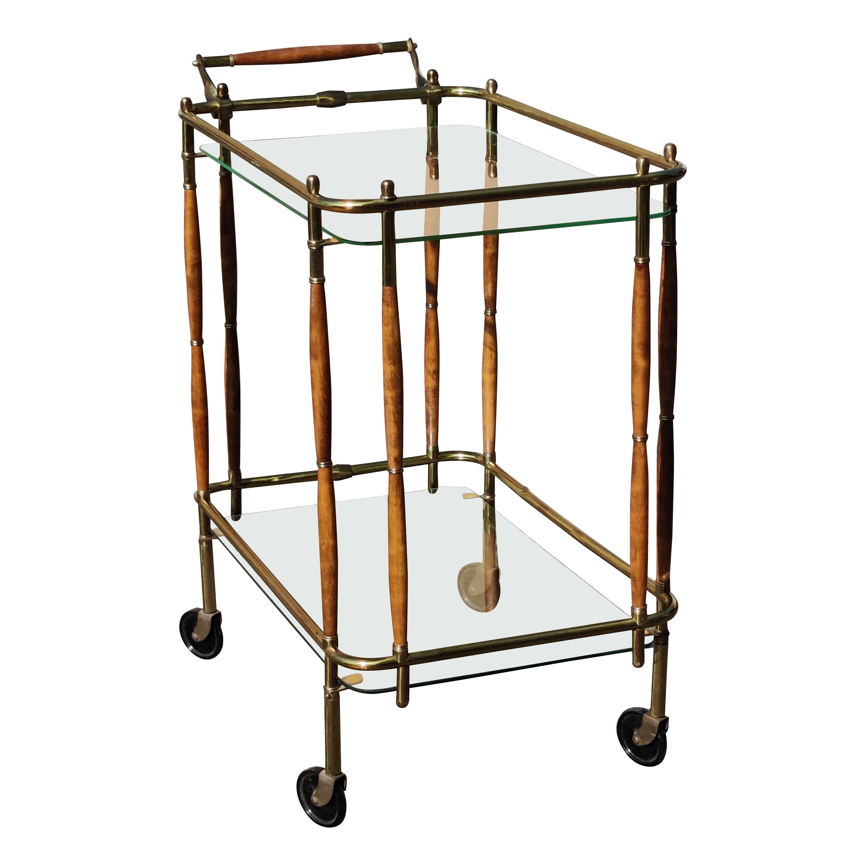 Hollywood Regency Italian Style Brass Walnut Glass Tiered Bar Cart 1960s  For Sale