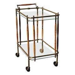 Retro Hollywood Regency Italian Style Brass Walnut Glass Tiered Bar Cart 1960s 