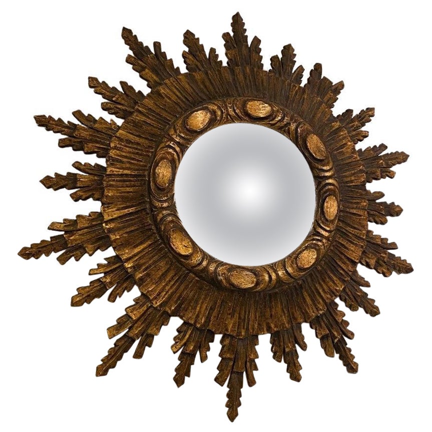 Grand miroir Sunburst en bois doré sculpté du début du 20e siècle, France