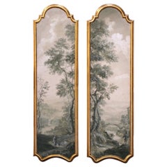 Pair of Midcentury Italian Hand Painted Gilt Framed Wood Panels