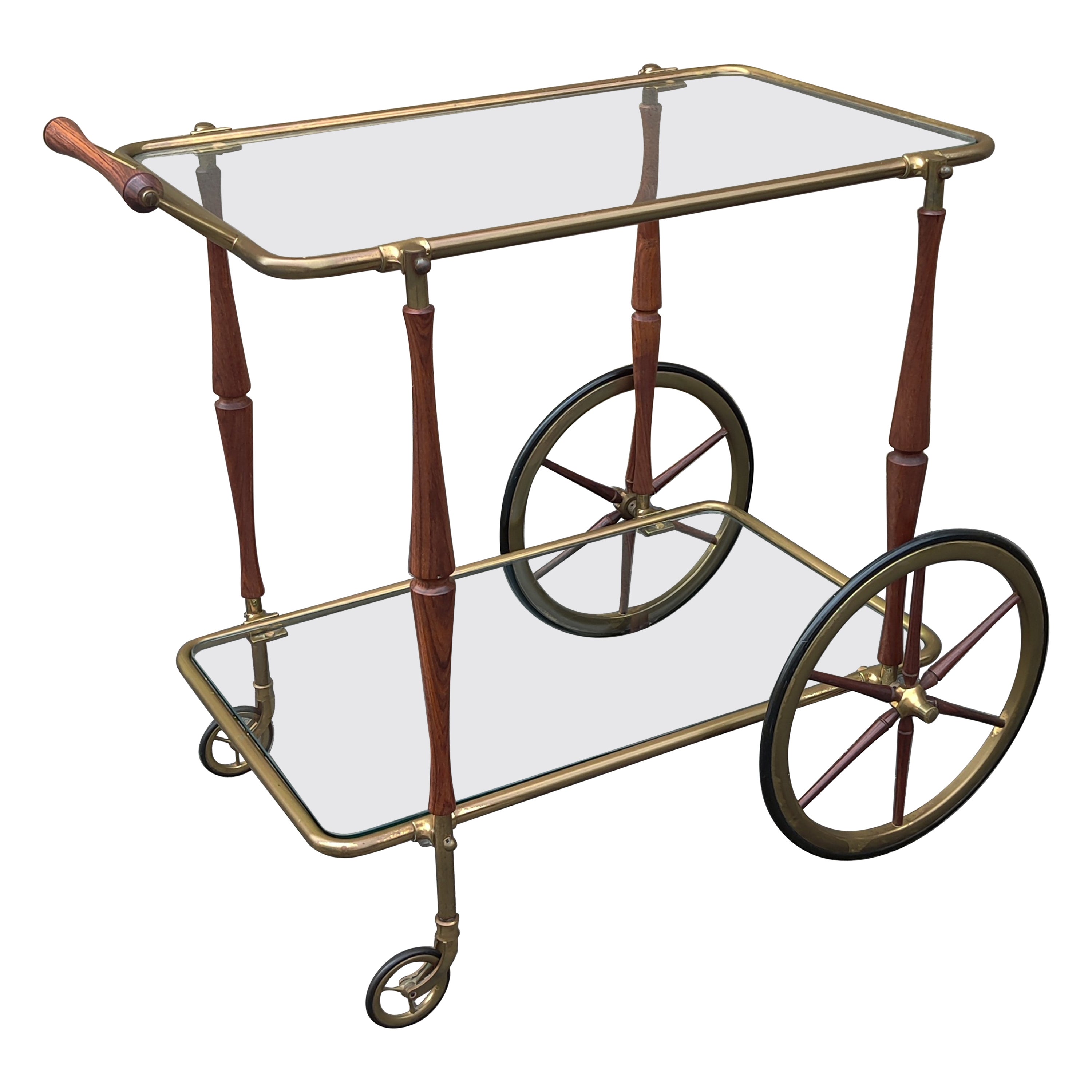 Style of Cesare Lacca or Gio Ponti 1950s Brass Walnut Glass Tiered Bar Cart For Sale