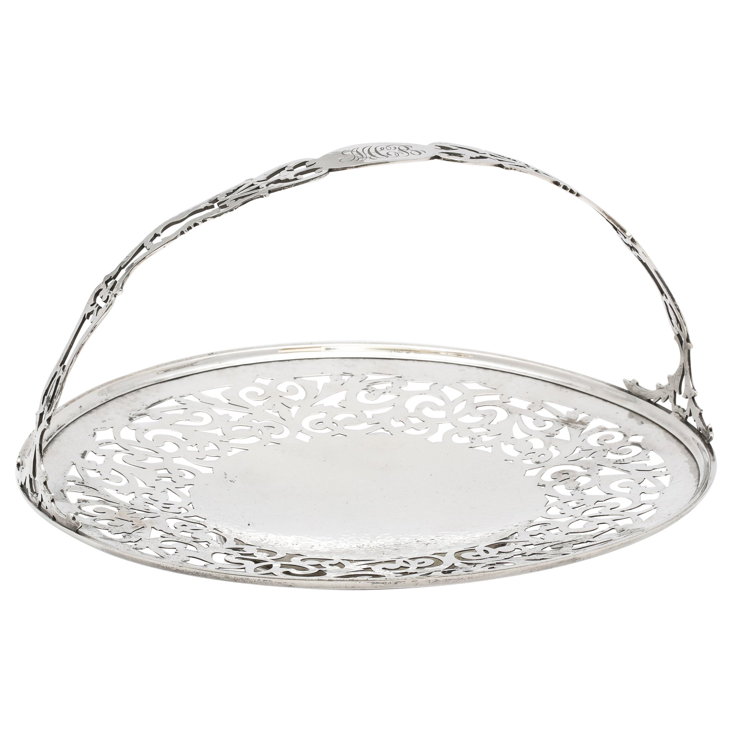 Art Nouveau Sterling Silver Pedestal Based Pierced Cake/Cookie Basket/Platter For Sale