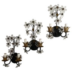 Set of Three Italian Crystal Beaded Flower Sconces