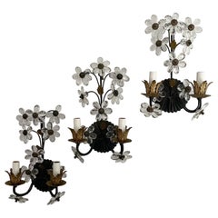 Retro Set of Three Italian Crystal Beaded Flower Sconces