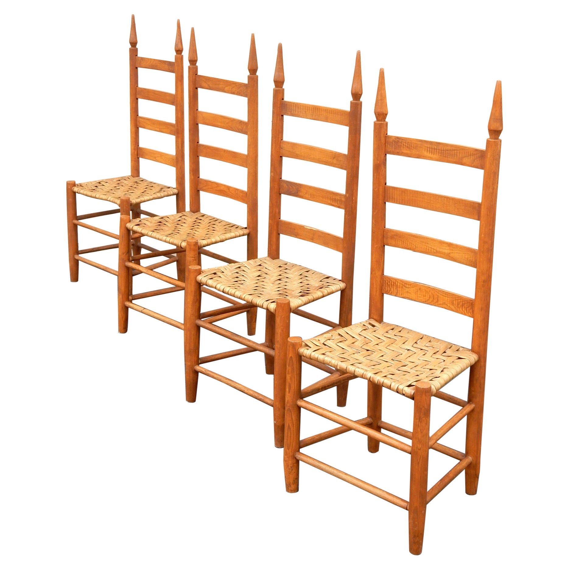 Antique Pennsylvania Shaker Style Tall Ladderback & Rush Dining Chair Set For Sale