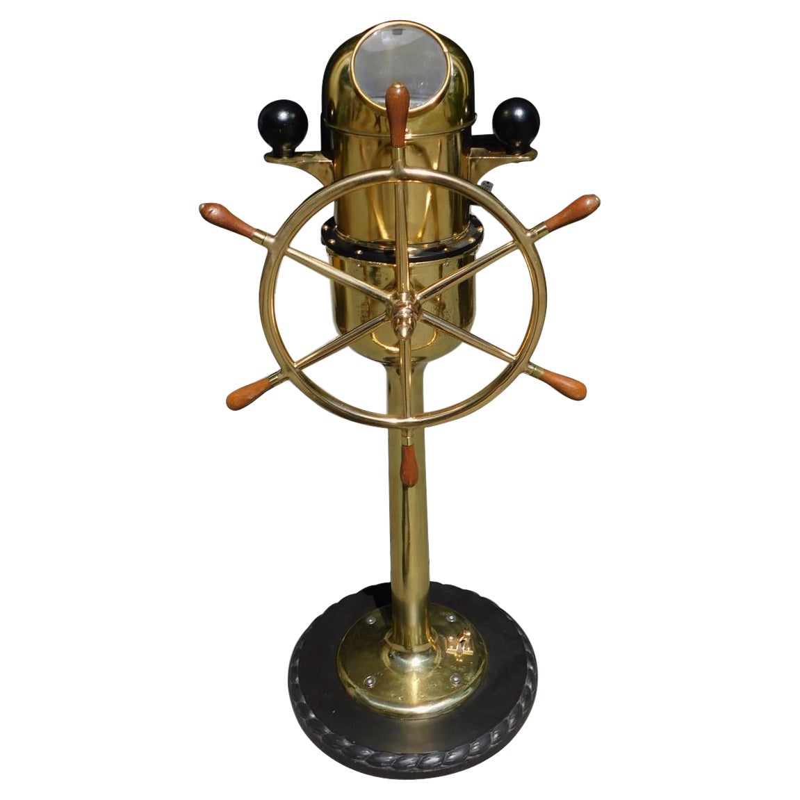 English Brass Nautical Ship Wheel Mounted with Yacht Binnacle on Rope Base, 1870 For Sale