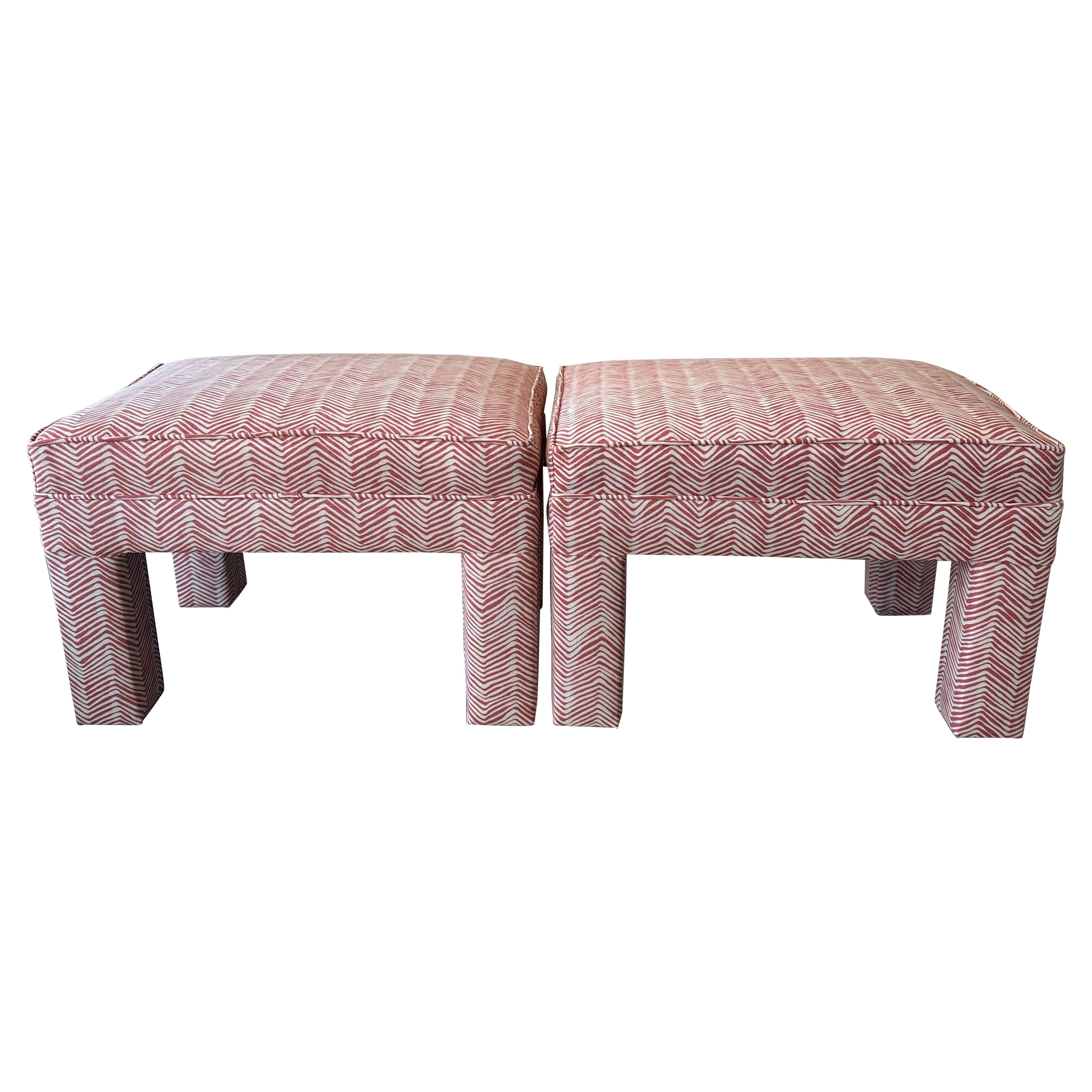 Vintage Pair Parsons Benches Stools Ottomans Newly Upholstered Coral Quadrille For Sale