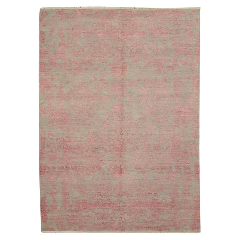 Grey and Pink Abstract Rug, Silk and Wool For Sale