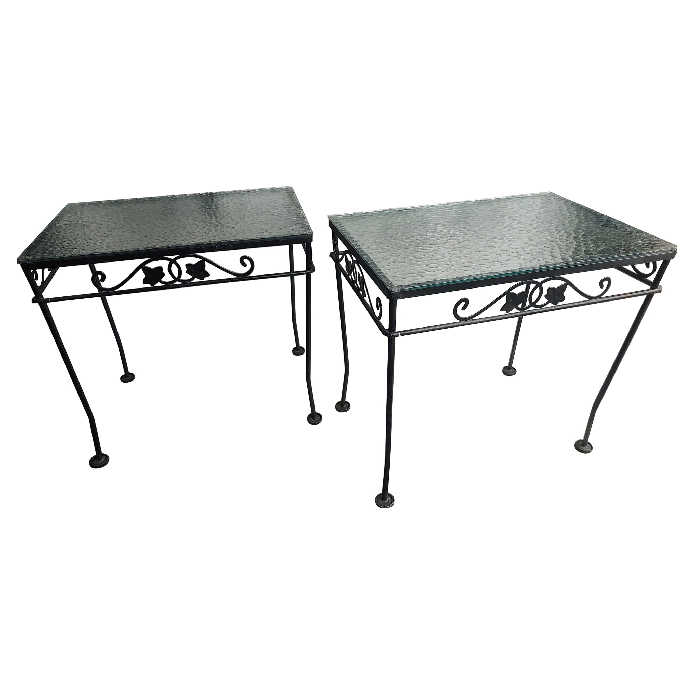 Faceted Pair of Midcentury Iron with Textured Glass Top End Tables by John Salterini For Sale