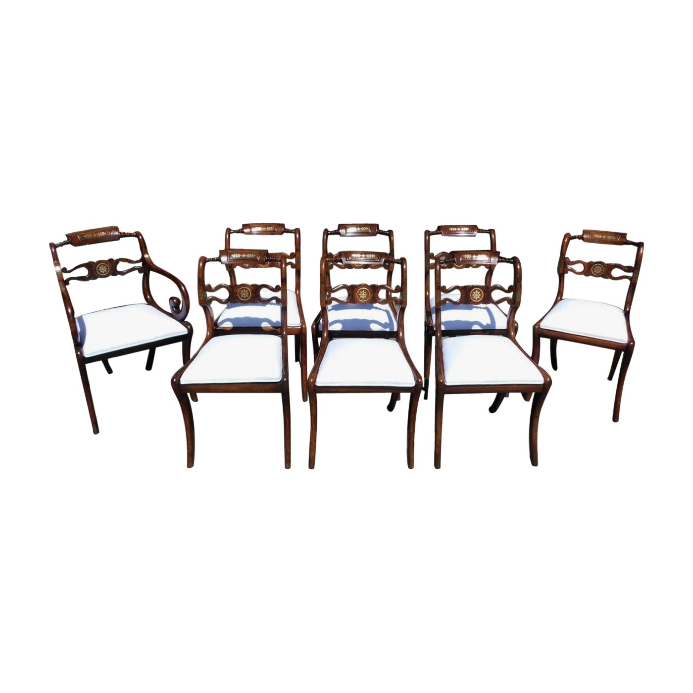 English Regency Set of Eight Kingwood Brass Inlaid Dining Room Chairs, C. 1800 For Sale