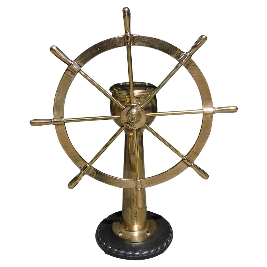 American Brass Nautical Ship Wheel Mounted on Geared Pedestal w/ Rope Base 1890 For Sale