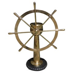 Used American Brass Nautical Ship Wheel Mounted on Geared Pedestal w/ Rope Base 1890