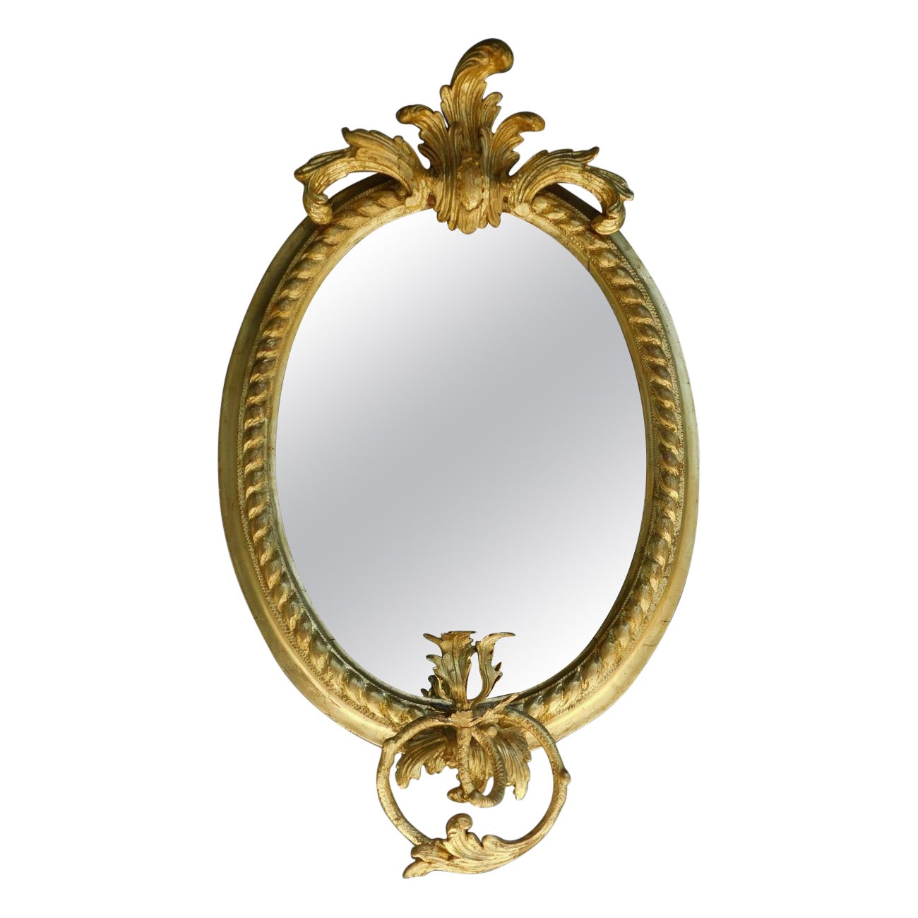 French Oval Gilt Wood & Gesso Foliage Crest Candle Arm Wall Mirror, Circa 1790 For Sale