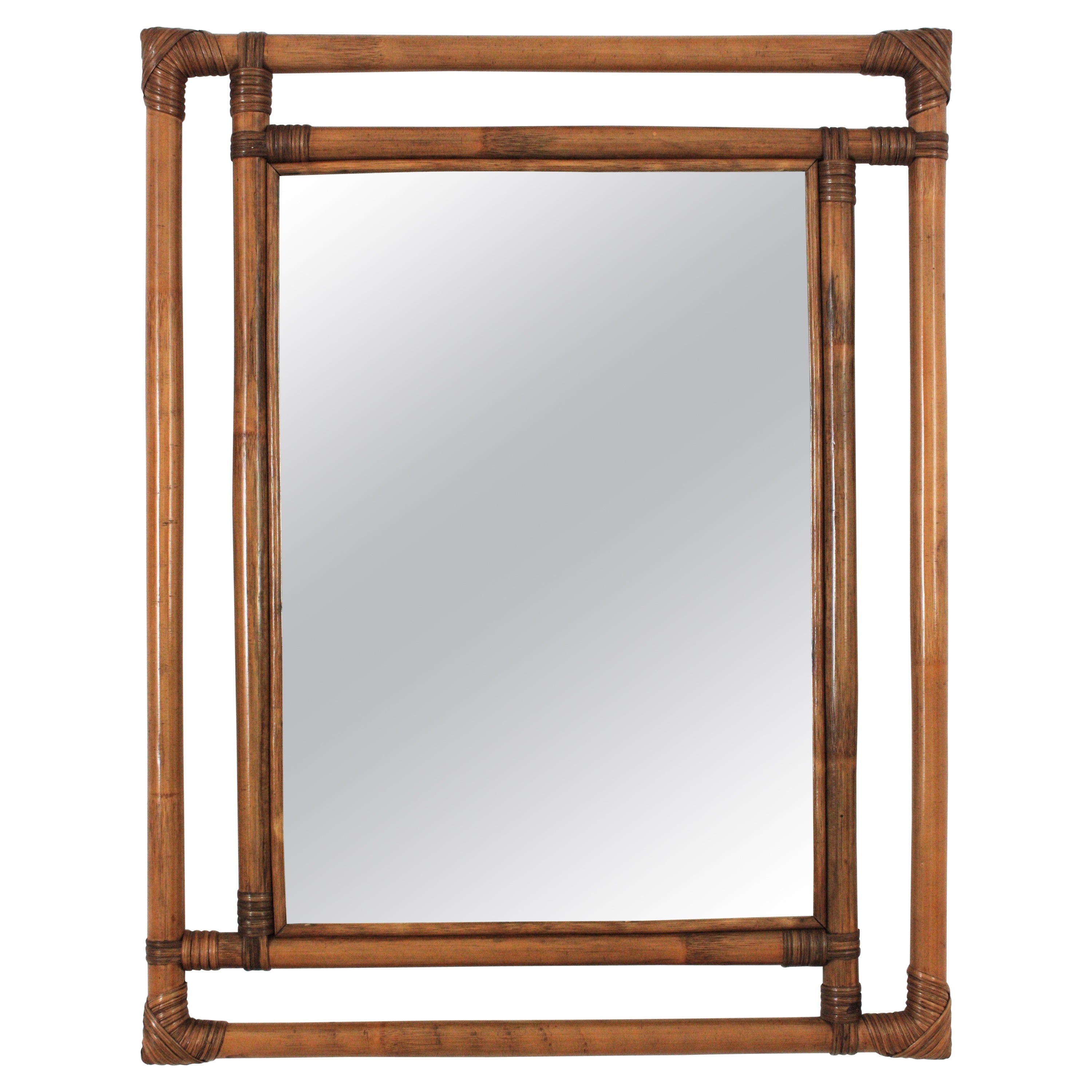 Bamboo Rattan Large Rectangular Mirror with Geometric Frame, 1960s 