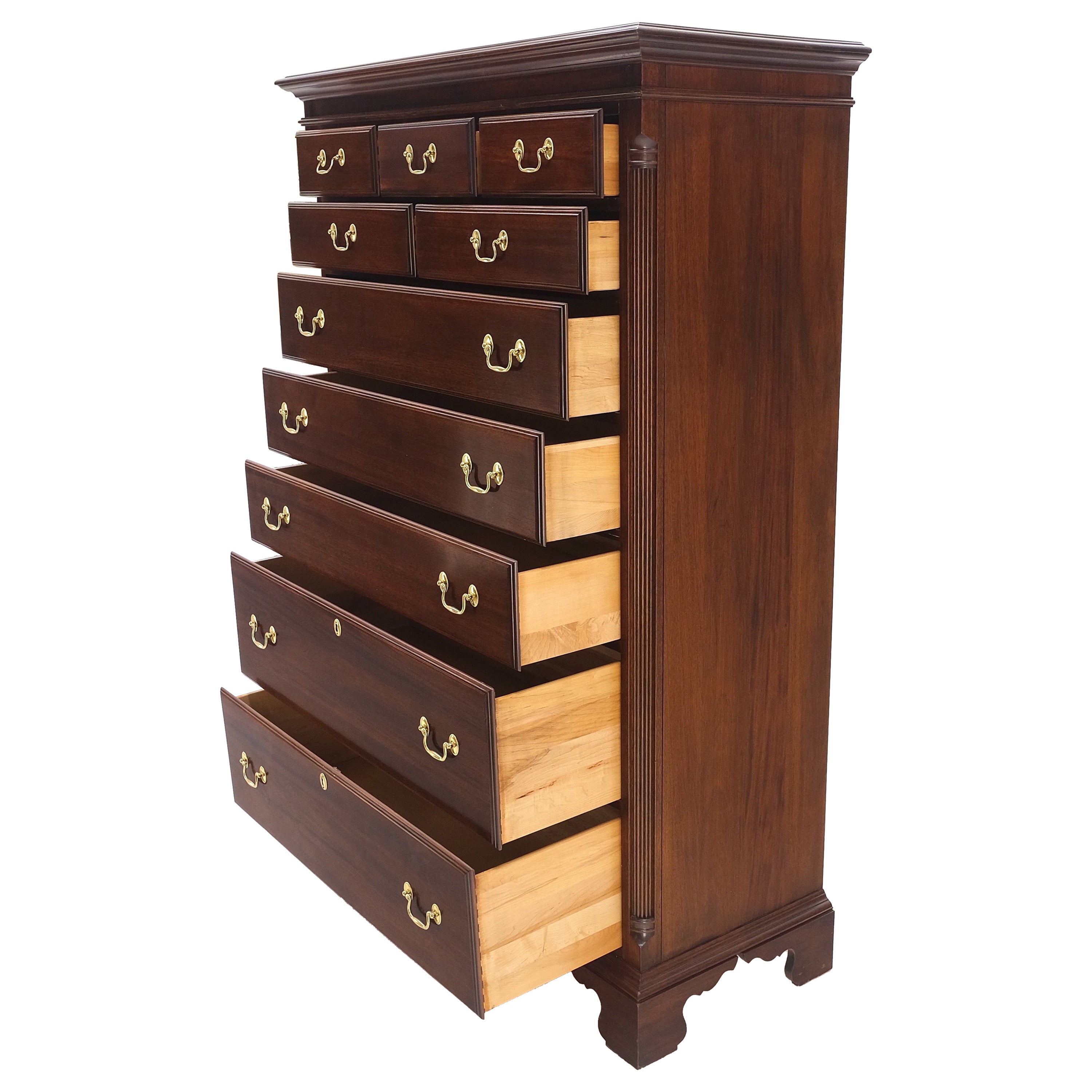 Solid Mahogany Brass Drop Pulls Federal High Boy Dresser Chest of Drawers MINT! For Sale