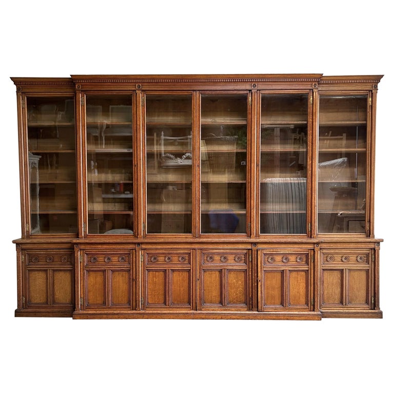 Large Oak European Bookcase with Glass Doors in Gustavian Style For