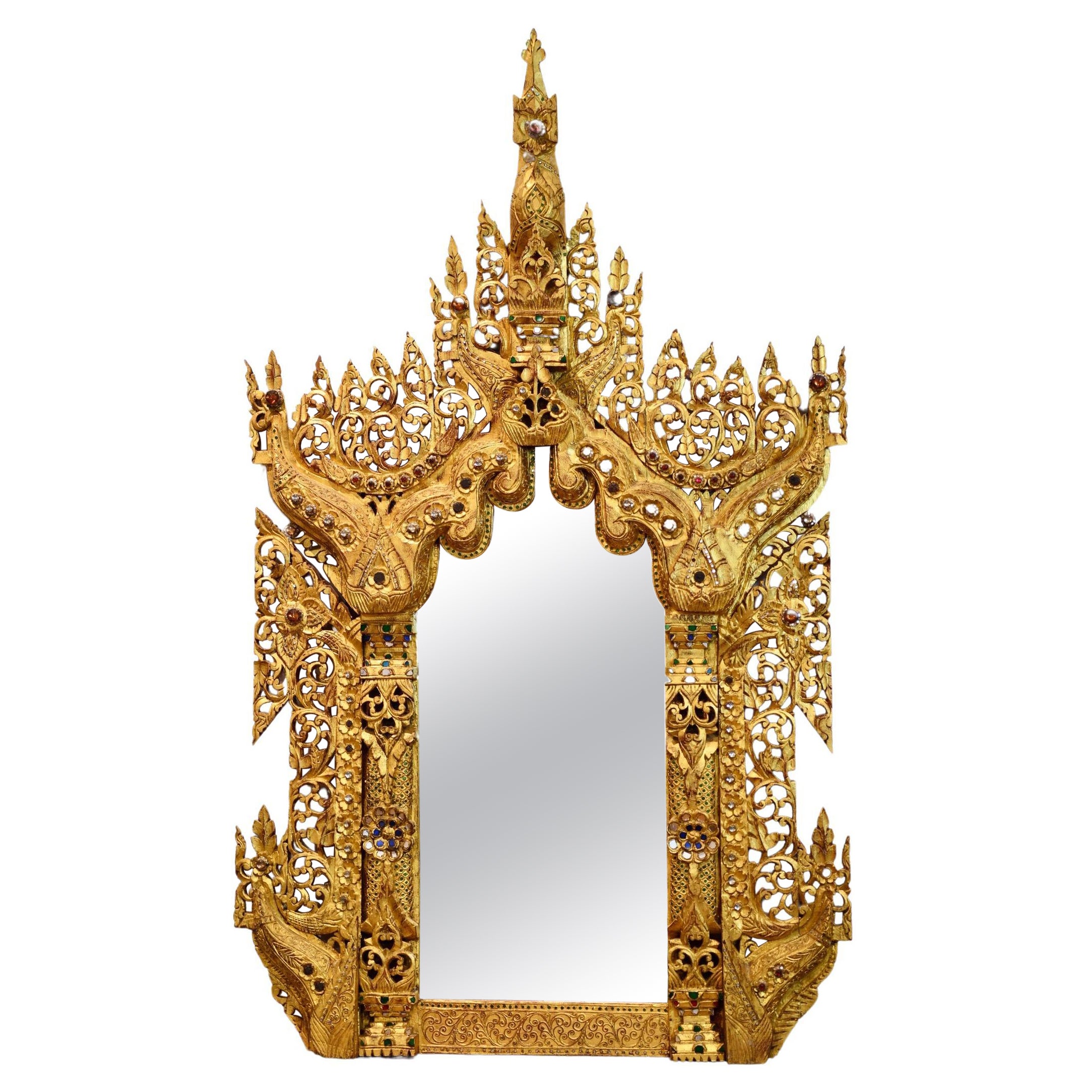 Southeast Asian Carved Giltwood Mirror For Sale