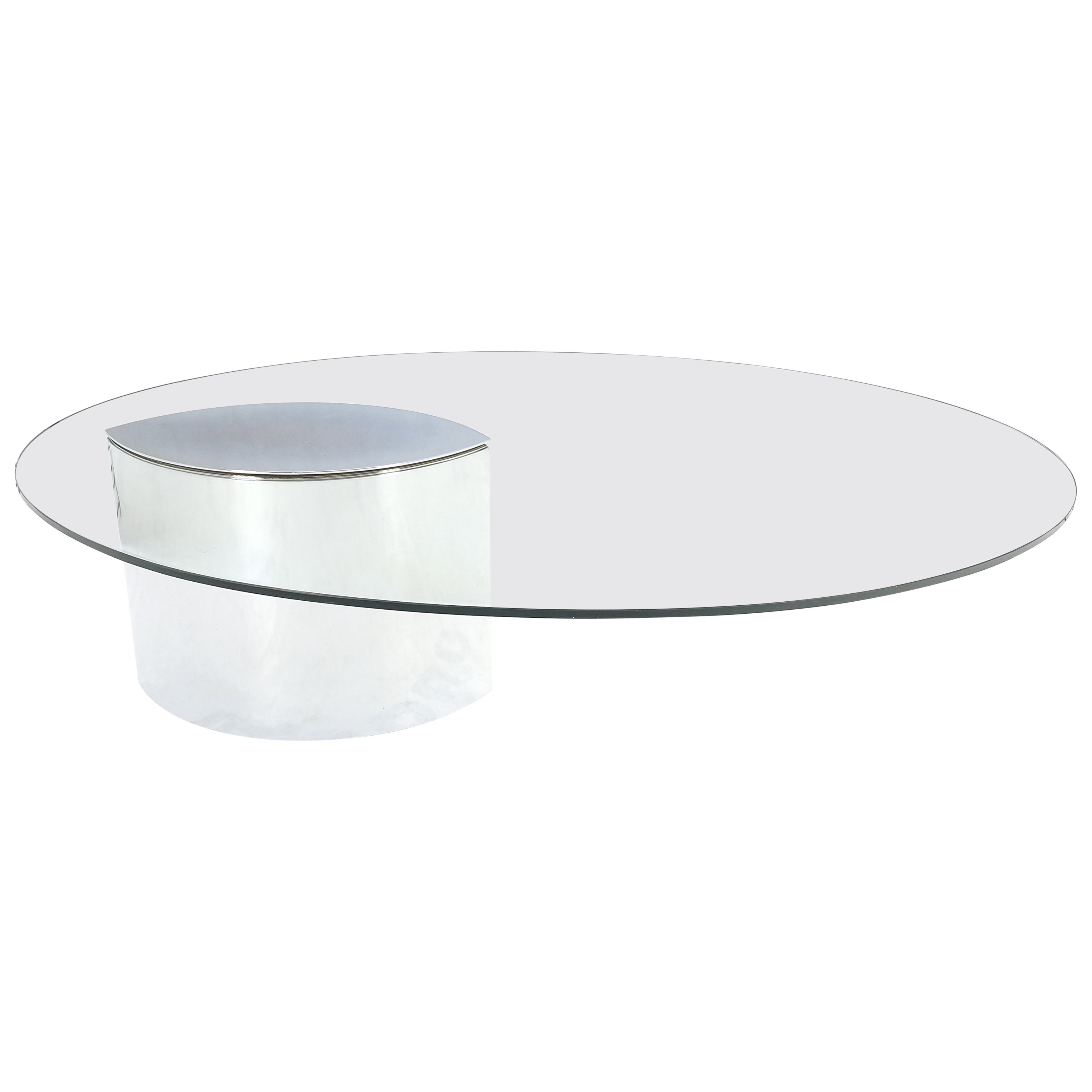 Grande table basse ovale moderne mi-siècle avec plateau en verre et base en porte-à-faux chromé MINT
