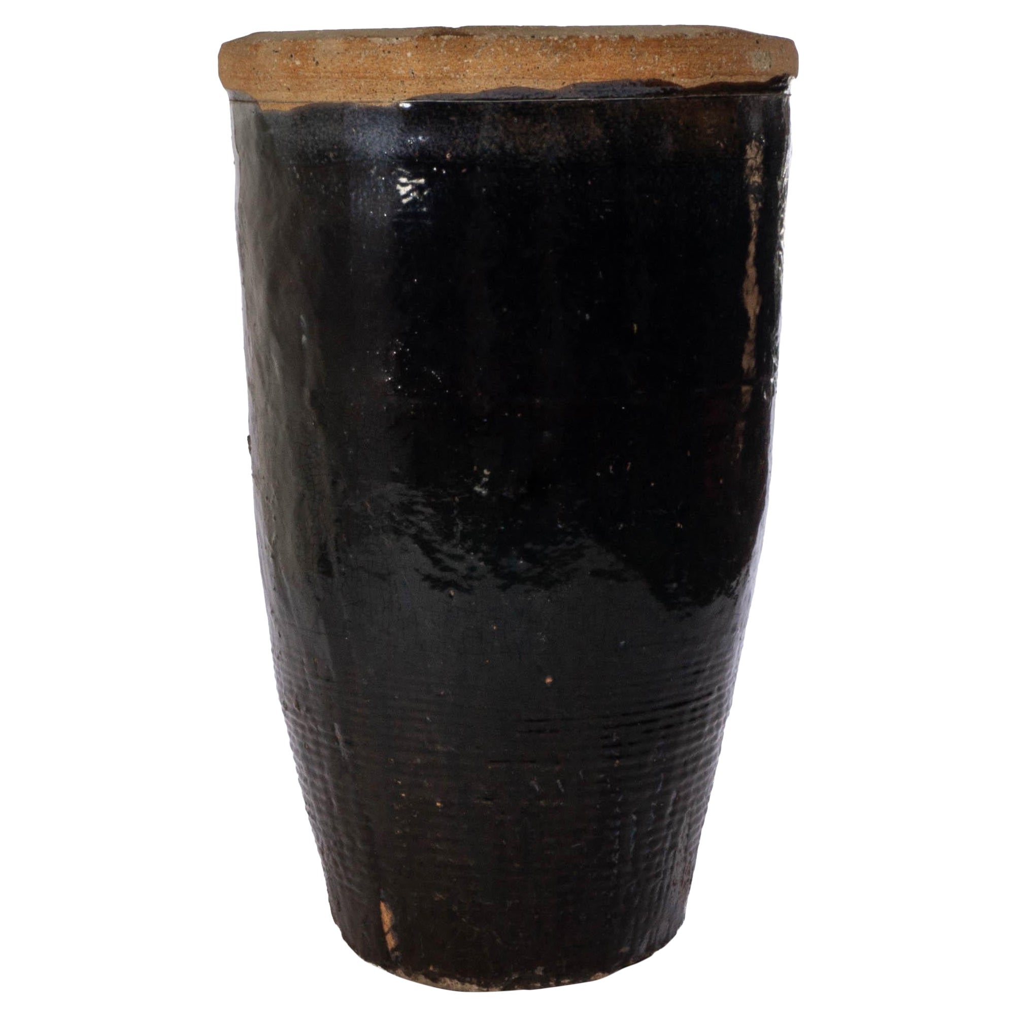 Tall Black Glazed Terracotta Storage Jar For Sale