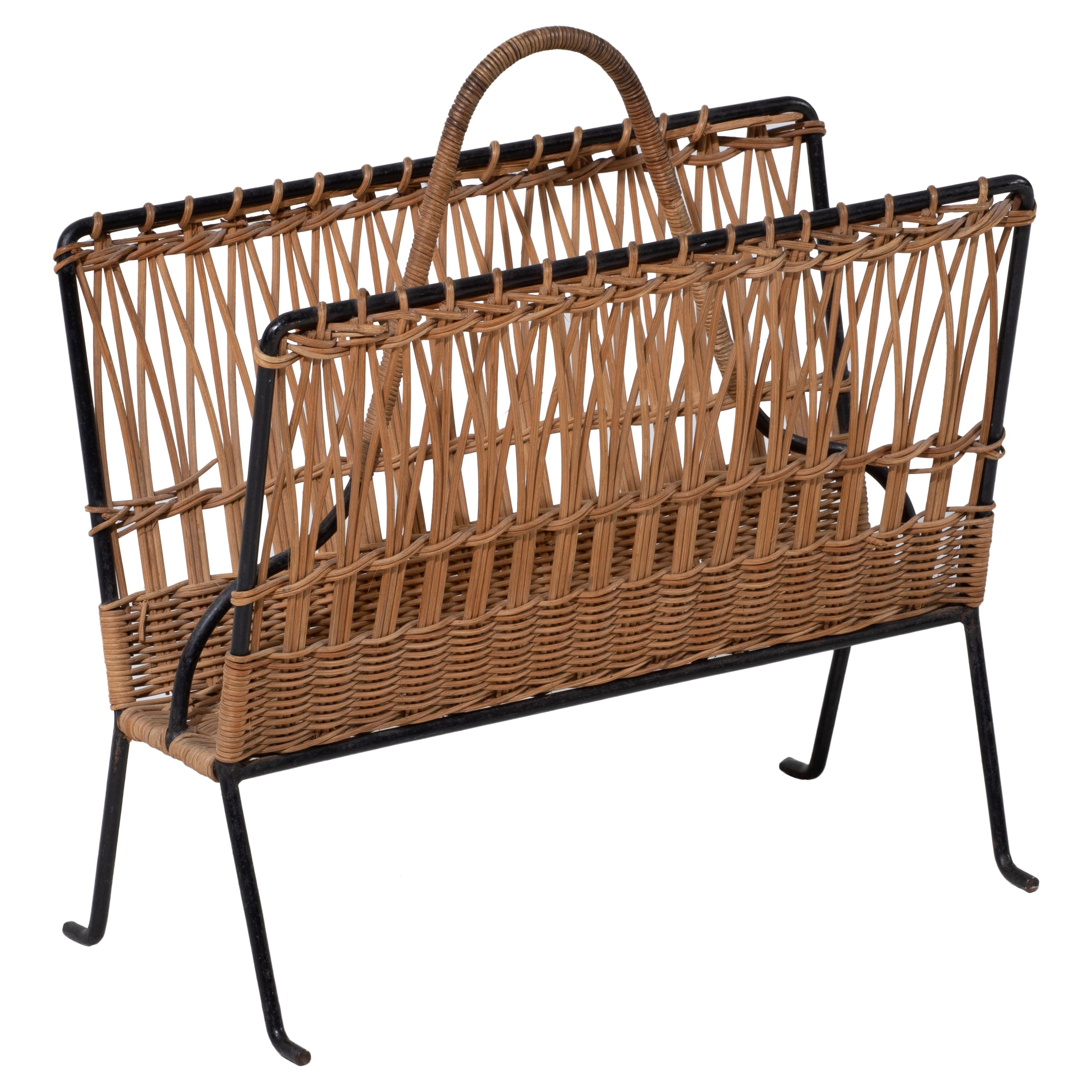 Jacques Adnet Wicker Magazine Rack with Black Iron Frame, Brass Ball Feet, 1950s For Sale