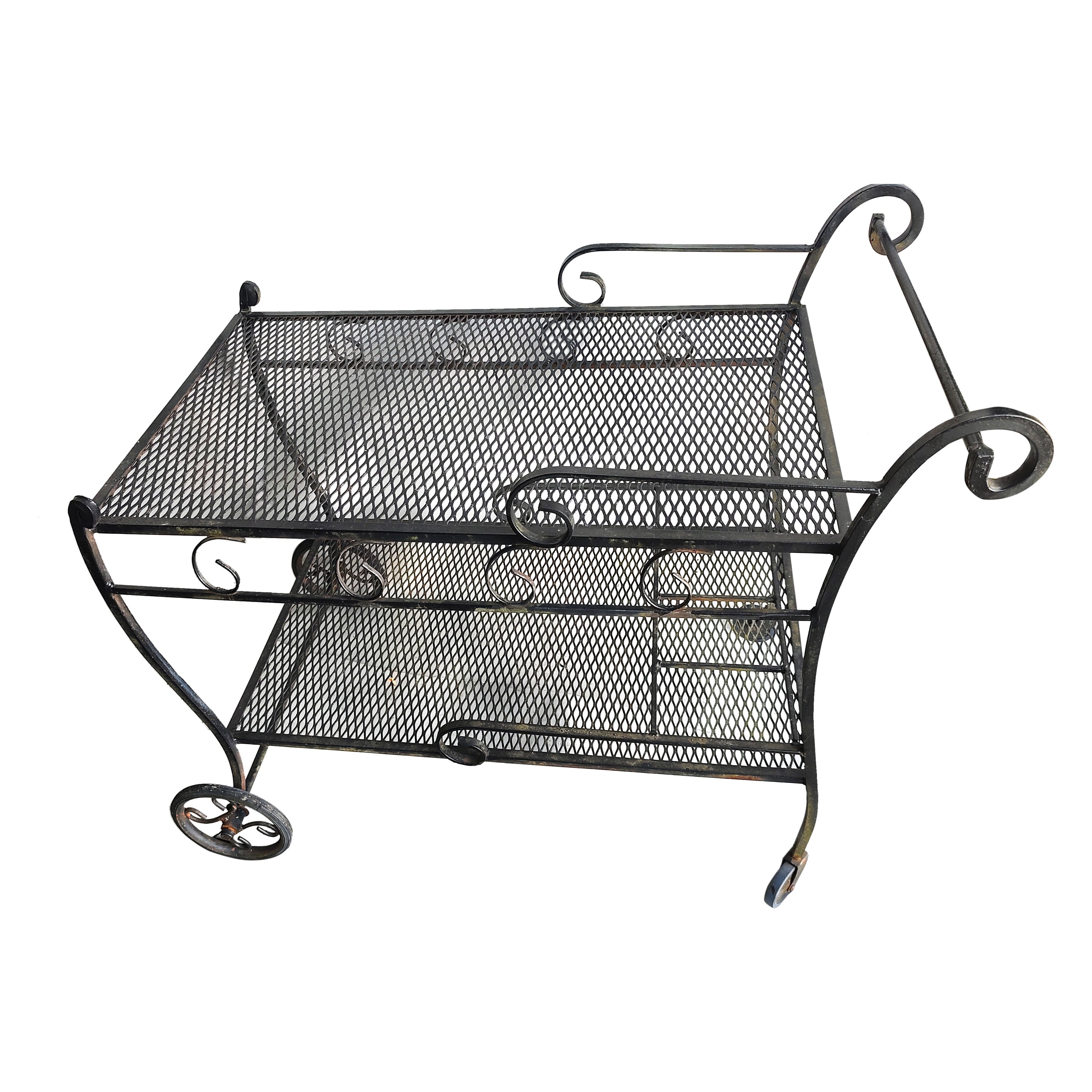 Hand-Crafted Mid-Century Modern Wrought Iron Outdoor Bar Cart with Liquor Bottle Holder For Sale