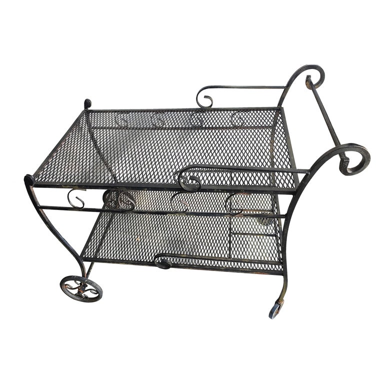 MidCentury Modern Wrought Iron Outdoor Bar Cart with Liquor Bottle Holder For Sale at 1stDibs