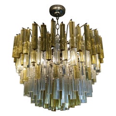 Large "Triedi" Chandelier by Venini Clear and Gold Leaded Murano Glass Crystal 