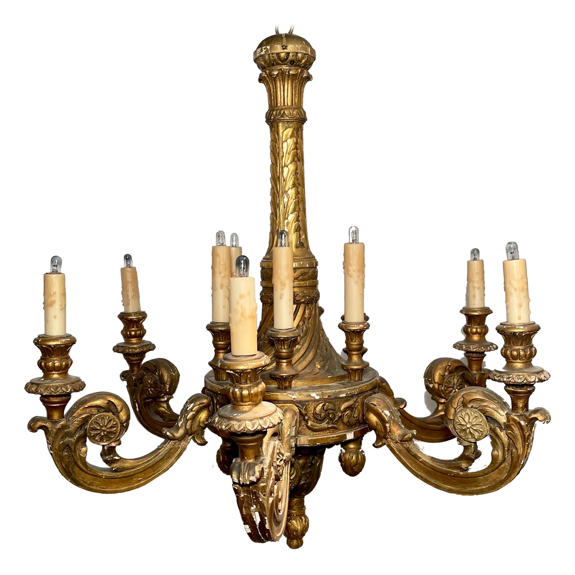Antigua lámpara de araña "Regence" de dos pisos de madera dorada de principios del siglo XIX