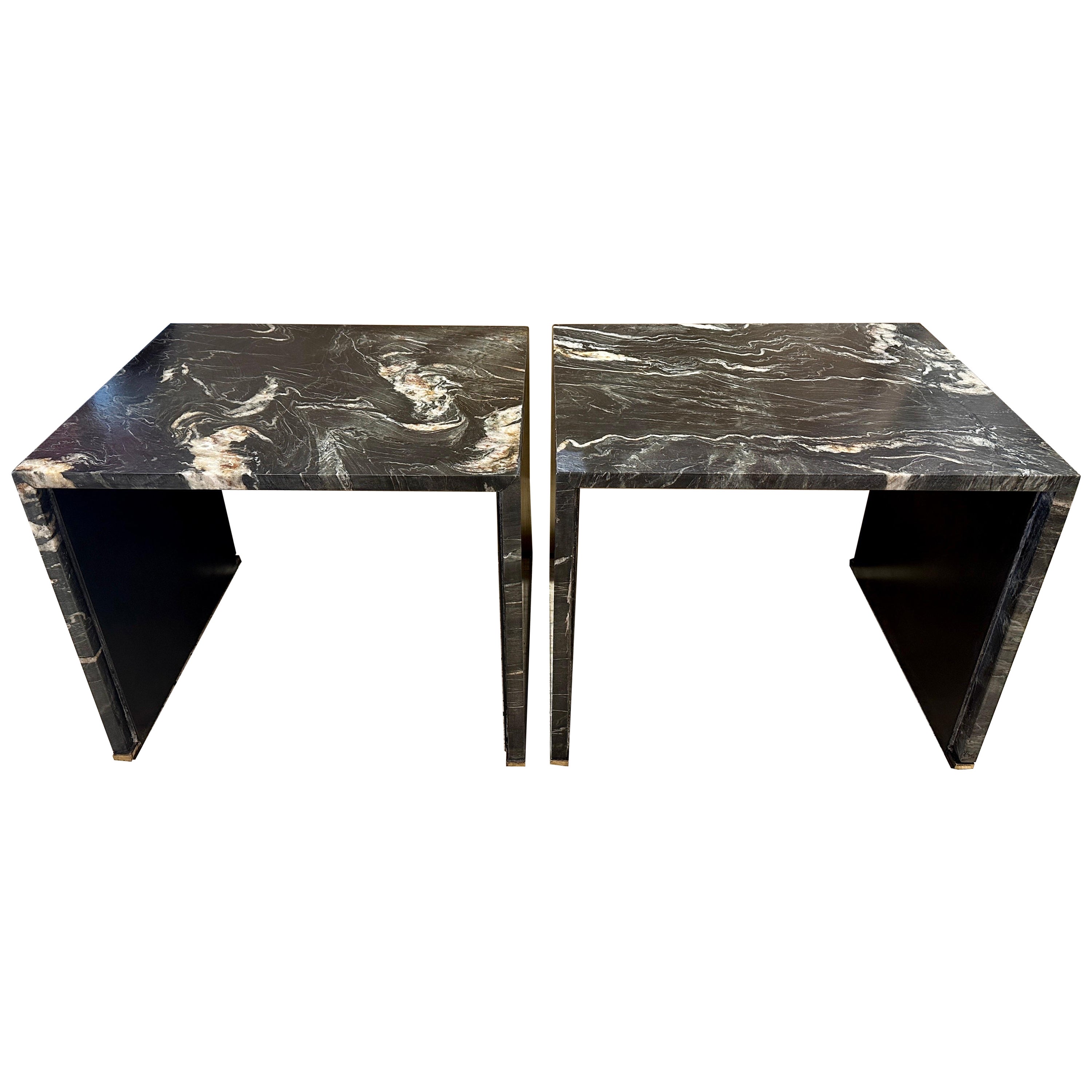 Pair of Black Belgian Marble Clad Waterfall Design End Tables / Side Tables For Sale