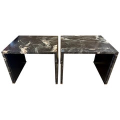 Retro Pair of Black Belgian Marble Clad Waterfall Design End Tables / Side Tables