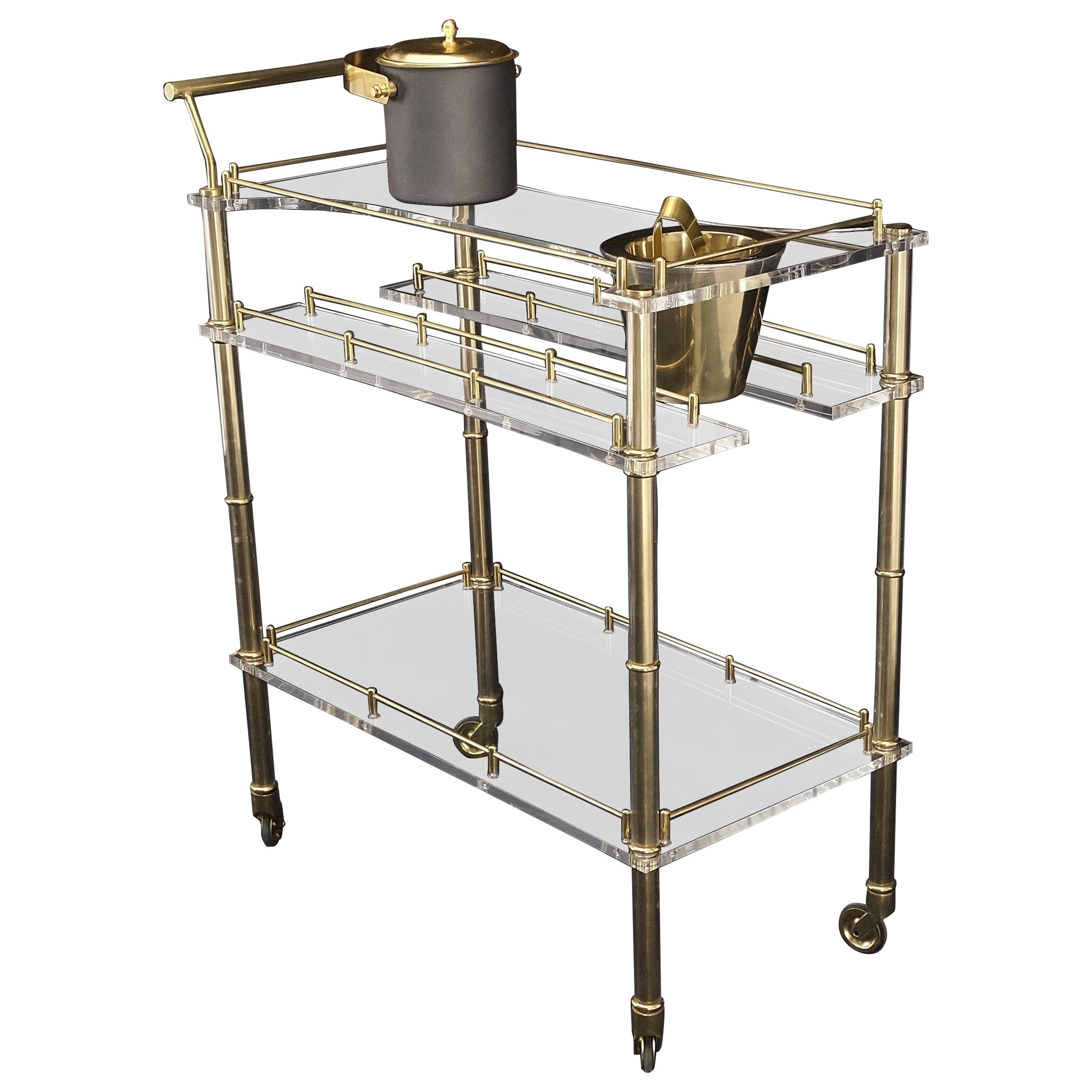 Mid-Century Modern Lucite & Gold Gilt Metal Serving Tray Cart Ice Bucket Mint! For Sale