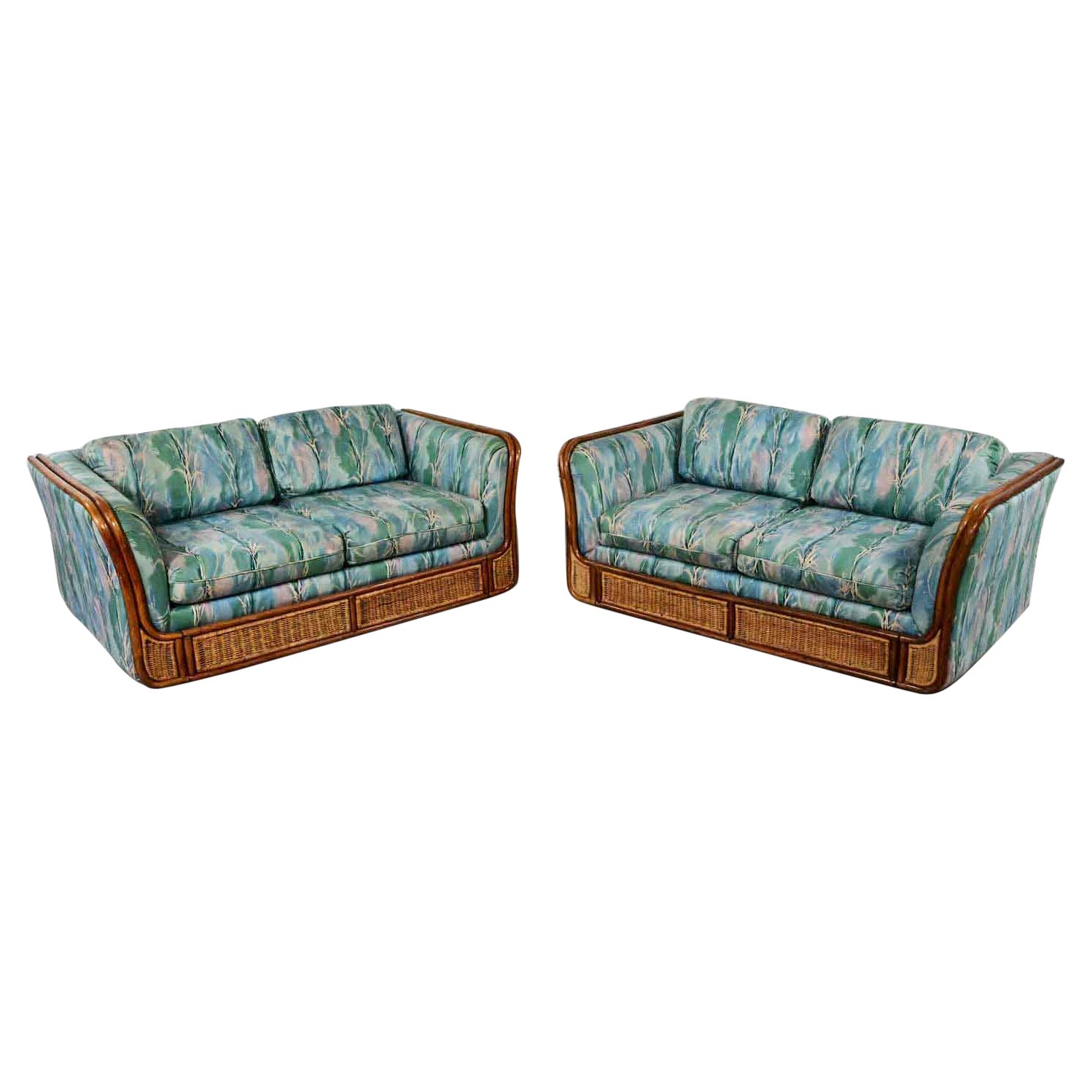 Late 20th Century Boho Chic Rattan & Wicker Tuxedo Style Upholstered Loveseats For Sale
