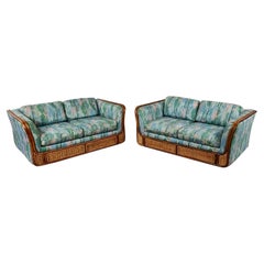 Late 20th Century Boho Chic Rattan & Wicker Tuxedo Style Upholstered Loveseats