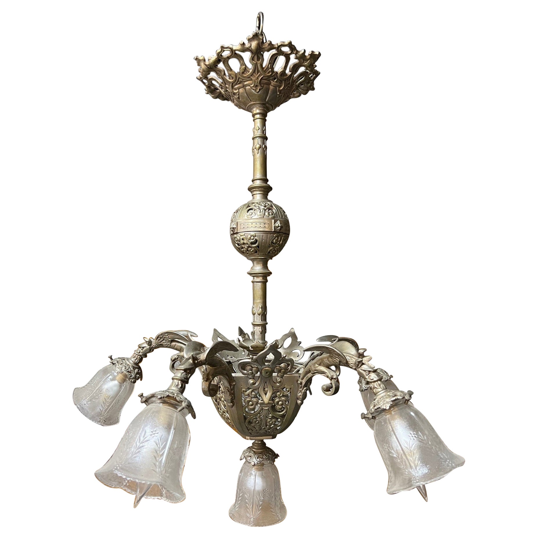 Antique Brushed Nickel Finish Brass 6 Light Chandelier with 5 Griffin Arms  For Sale