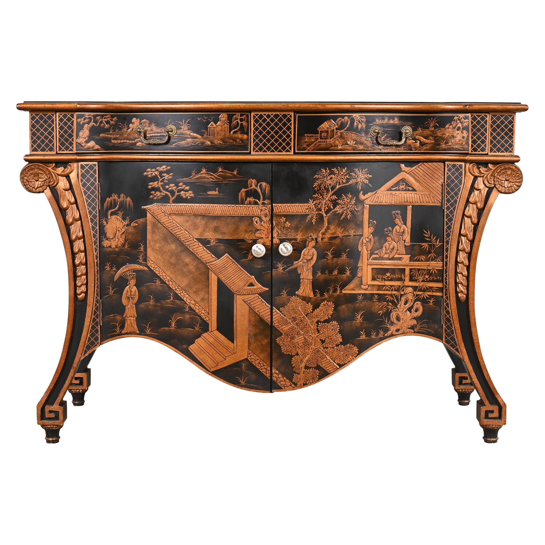Hand Painted Chippendale Chinoiserie Commode in Black Lacquer