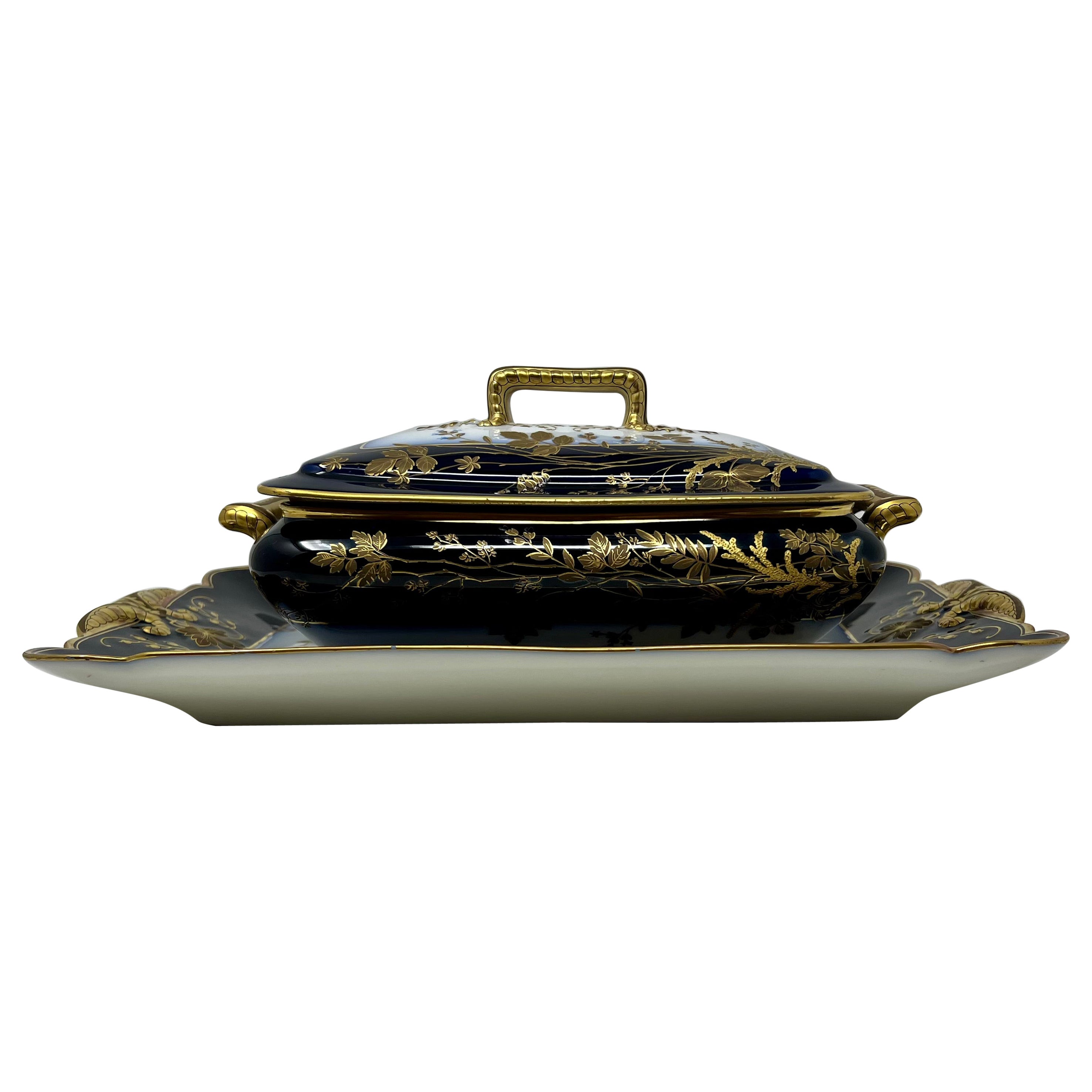 Antique French Cobalt Gold Tureen and Platter For Sale