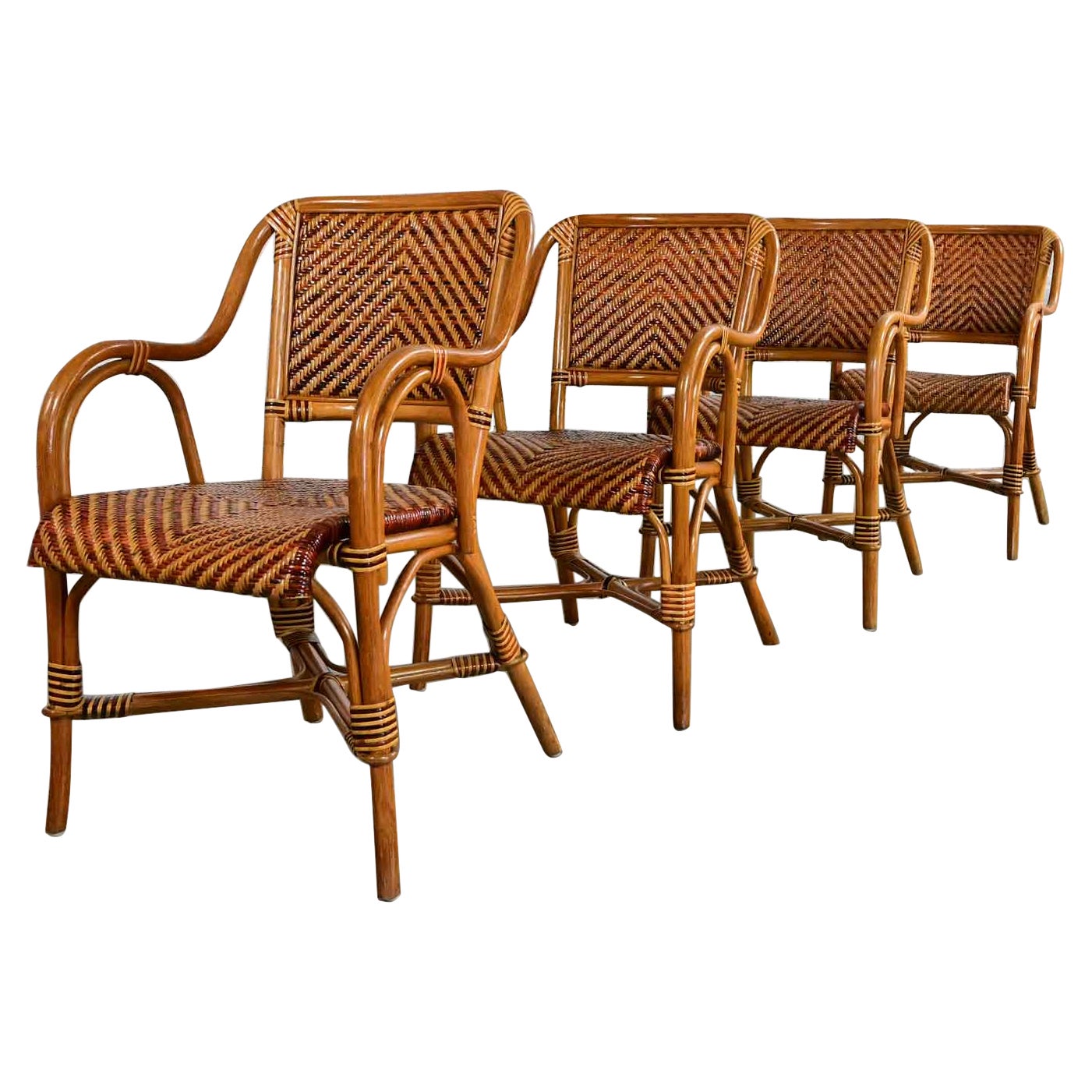 Boho Chic 2 Toned Wicker Rattan Café Bistro or Conservatory Armchairs Set of 4
