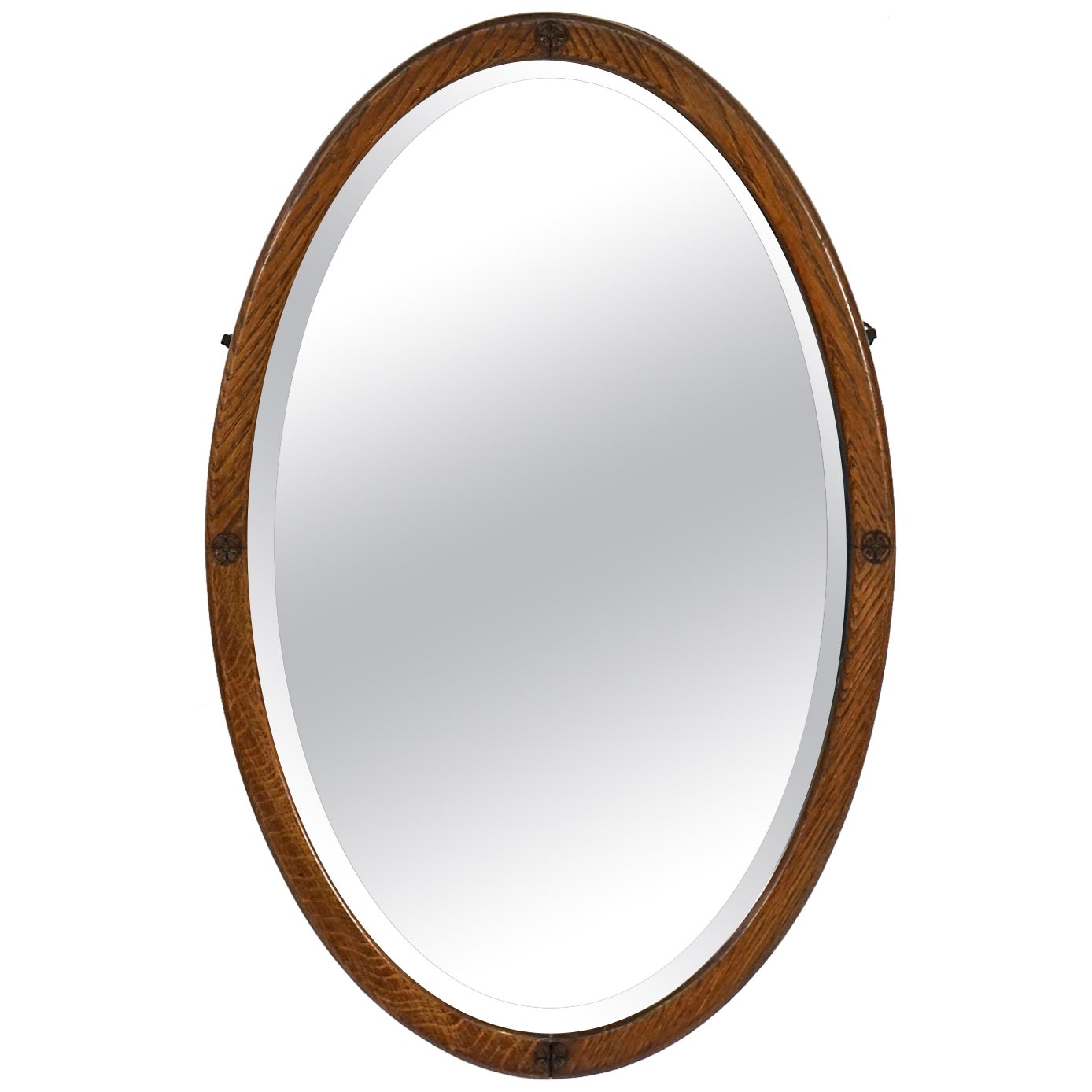 English Oval Parlour Mirror with Beveled Glass and Oak Frame (H 27 3/4 x W 18)