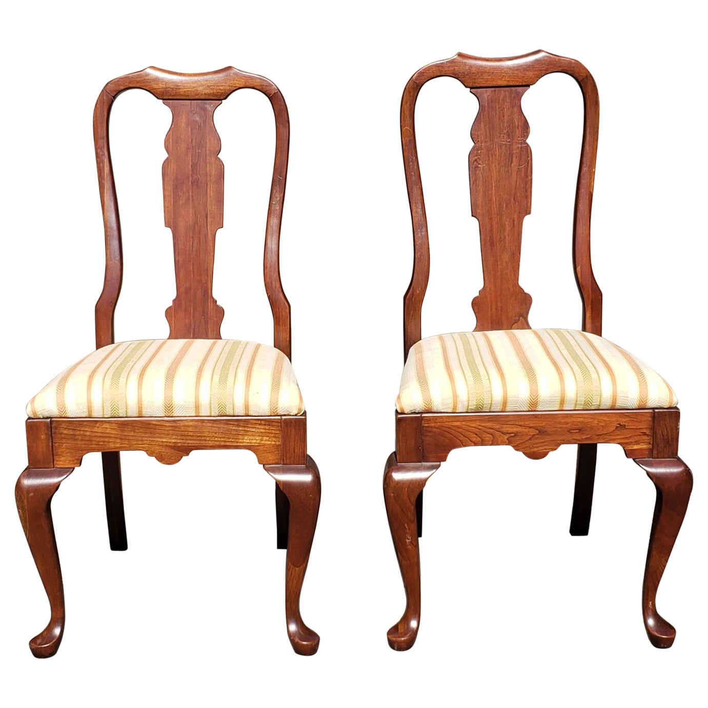 Pair 20th C. Pennsylvania House Cherry Upholstered Seat Queen Anne Side Chairs