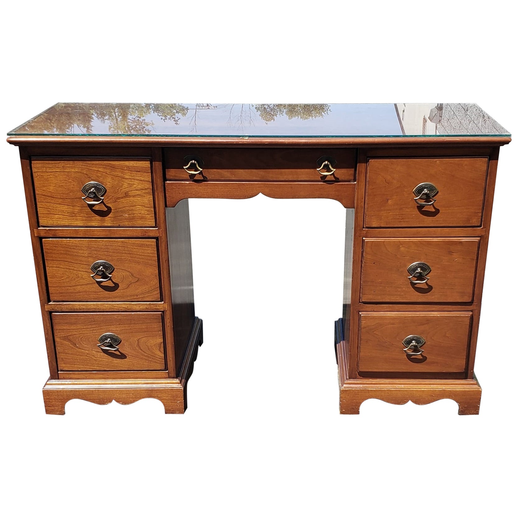 Stickley Mid-Century Cherry Narrow Partners Desk with Protective Glass Top For Sale