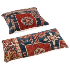 Pair of Antique Caucasian Rug Pillows Lumbar Square